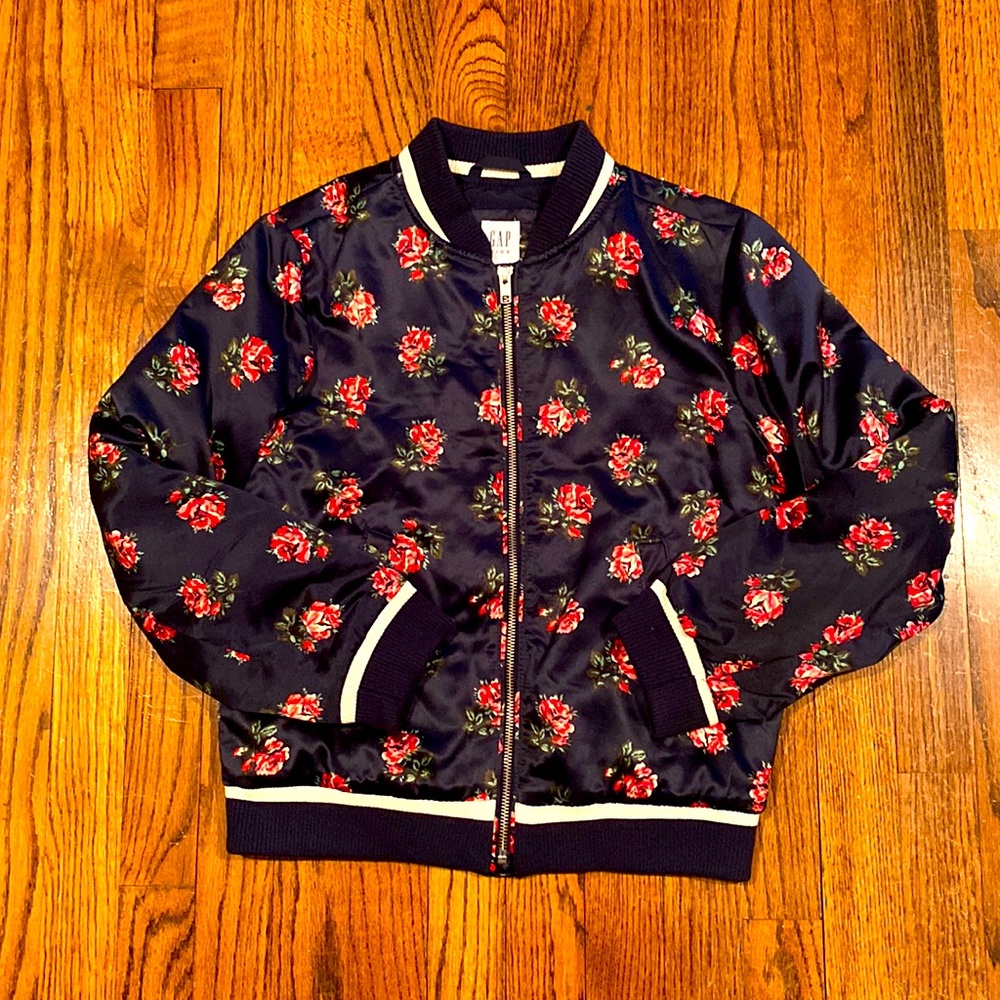 Gap Kids size XL navy bomber coat with roses